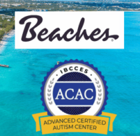 Beaches logo with IBCCES Advanced Certified Autism Center seal over a turquoise ocean and beach background.