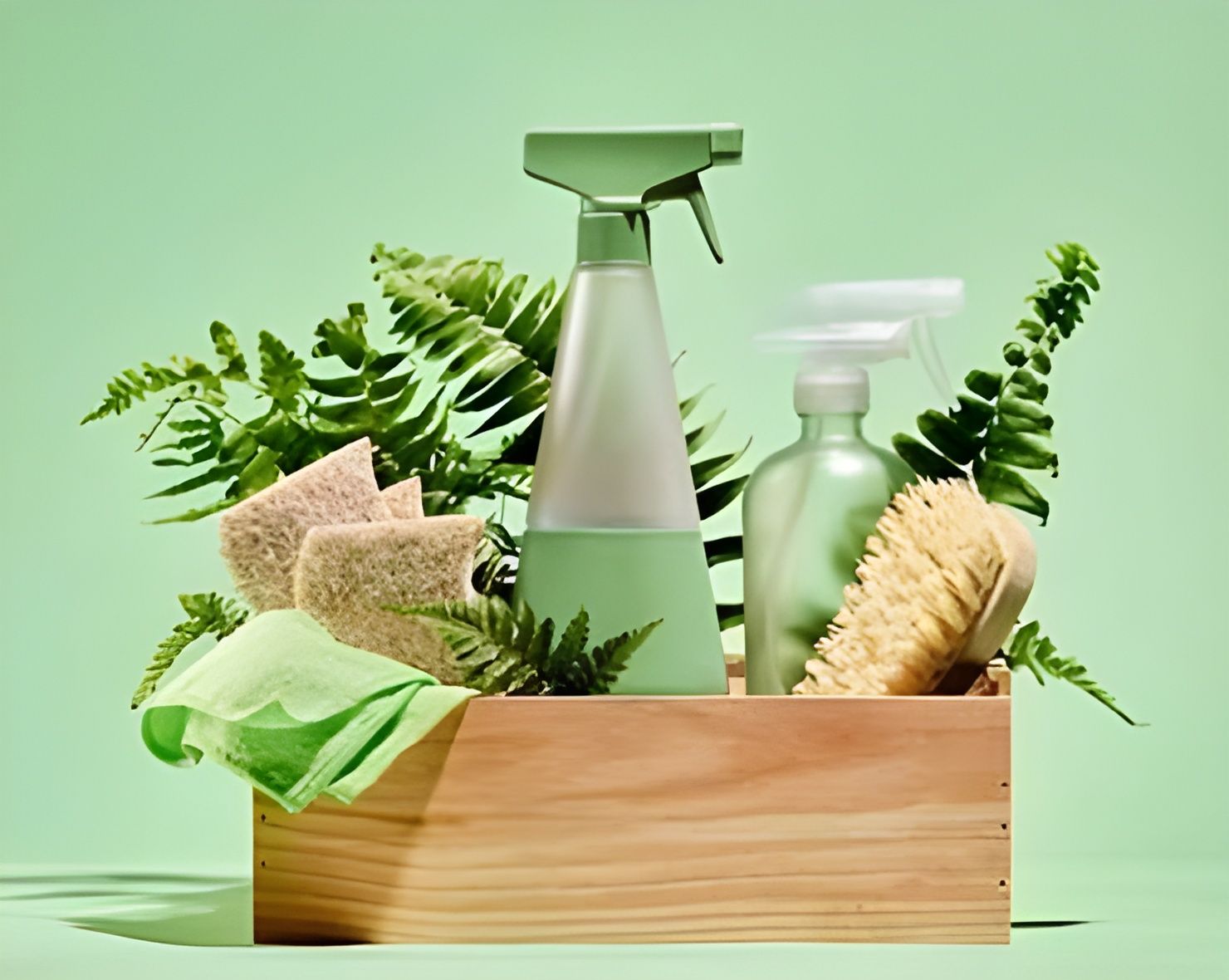 Cleaning supplies (spray bottles, scrub brush, and sponges) in a wooden box with ferns, against a green background. — Totally Green Cleaning Solutions in Kambah, ACT