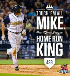Baseball player Mike running bases after a home run. Text: