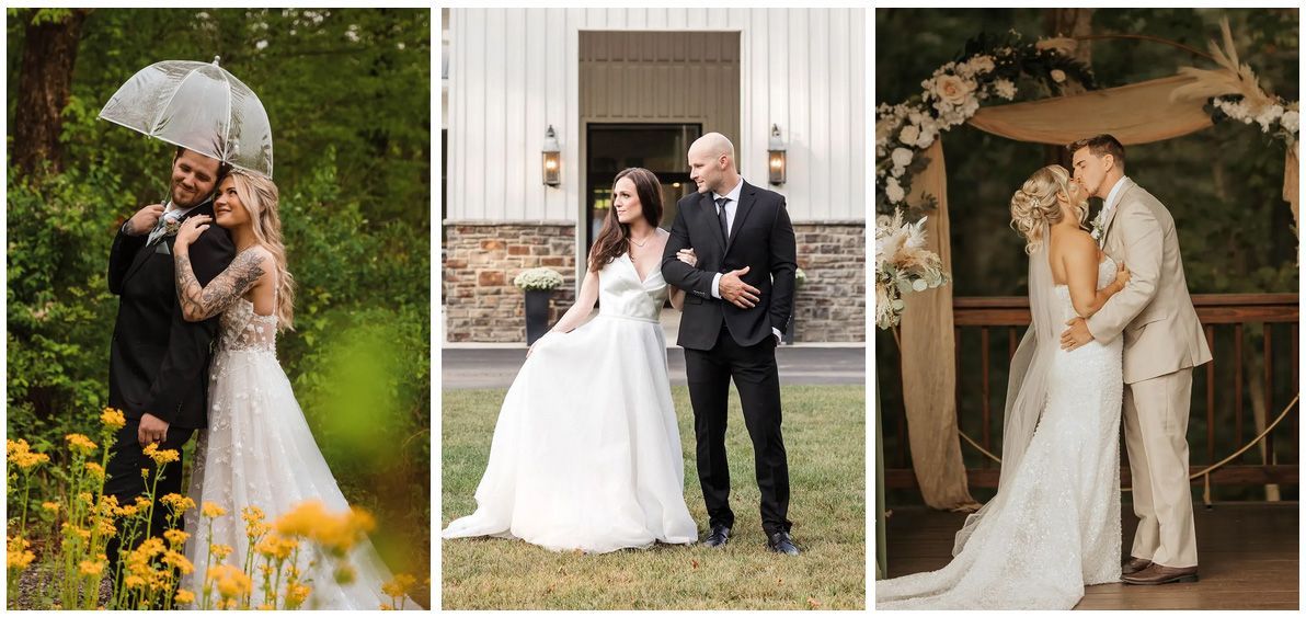 A collage of three wedding photos featuring a couple in varied outdoor settings, including under an umbrella and at an altar.