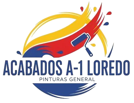 Logo de Acabados A-1 Loredo Pinturas General, con brocha roja y amarilla y texto azul.