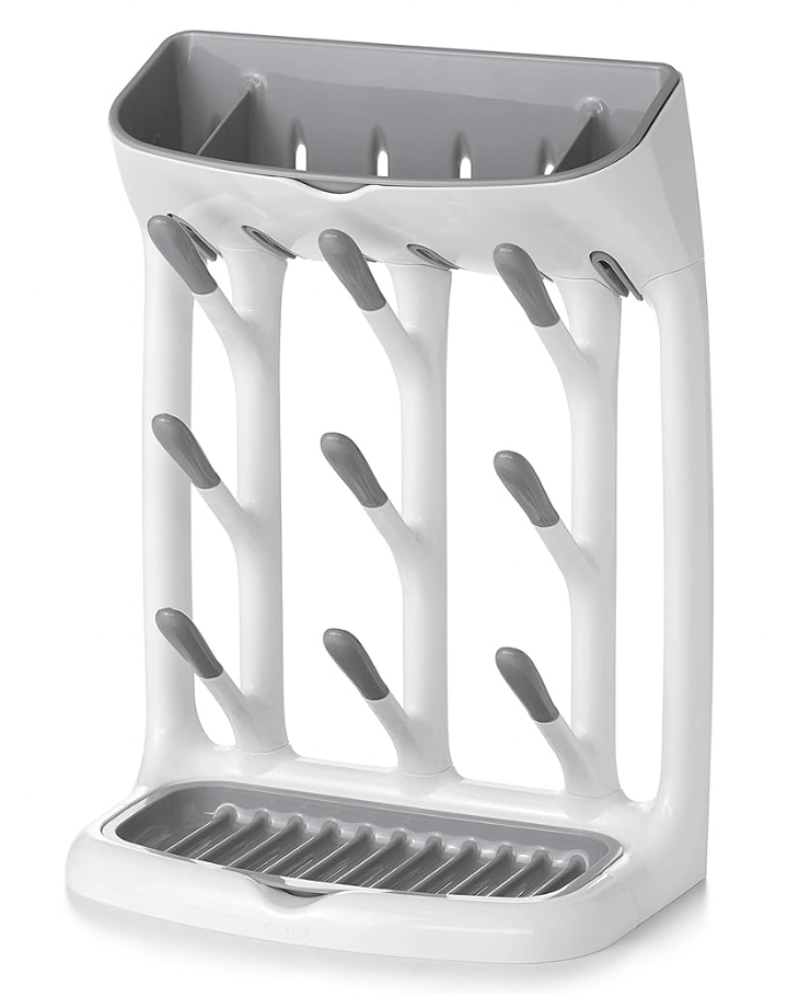 A white and gray drying rack with a tray underneath it