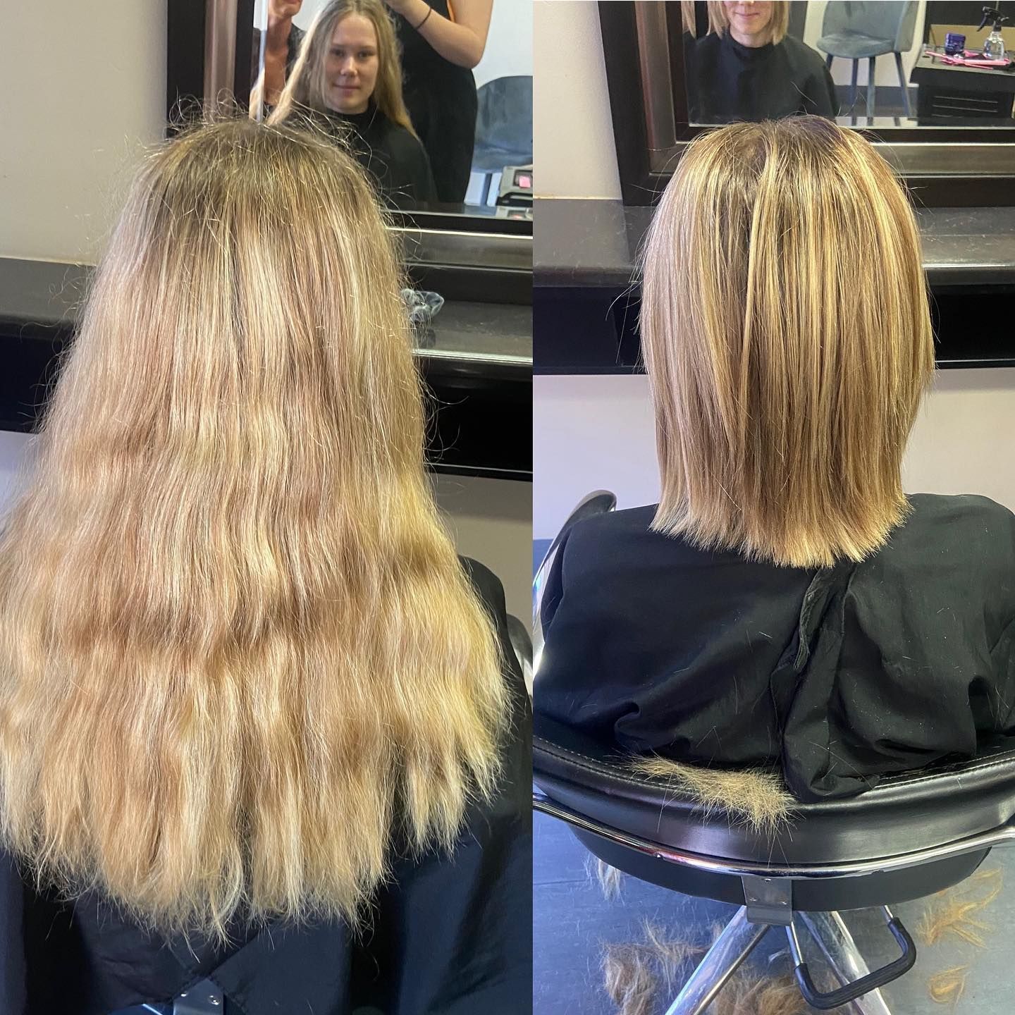 A Before and After Photo of a Woman Getting Her Hair Cut — Fraser Shores Hair Design in Fraser Coast, QLD