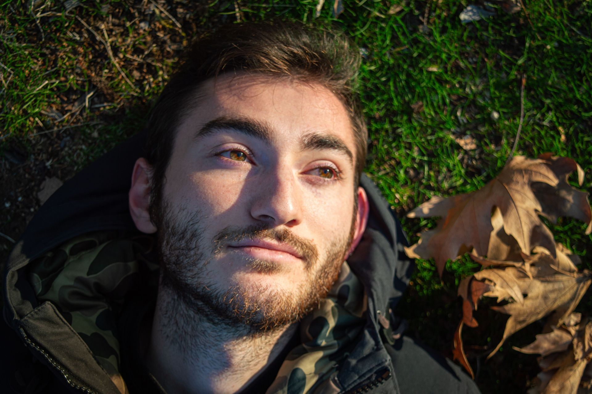 Person lying on grass in sunlight, looking upward, with dry leaves beside them.