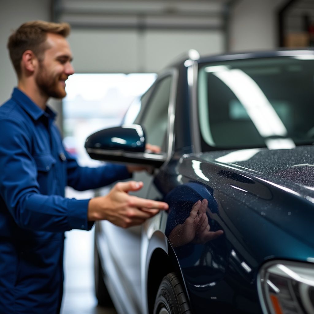 Mechanic in blue uniform shakes hand of car owner. Navy shiny sedan in background.