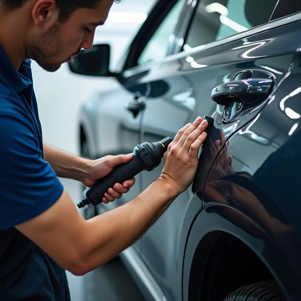 Man polishing a dark-colored car with a handheld polisher in a clean garage.