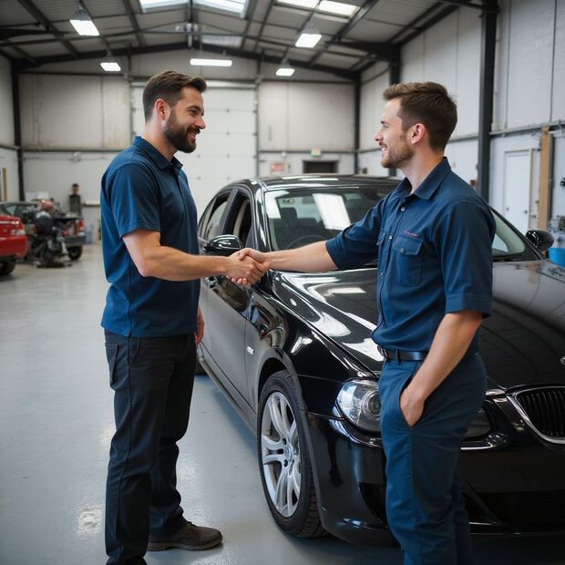 Two men shaking hands in a car repair shop next to a black car. Both wear blue shirts and pants; one smiles.