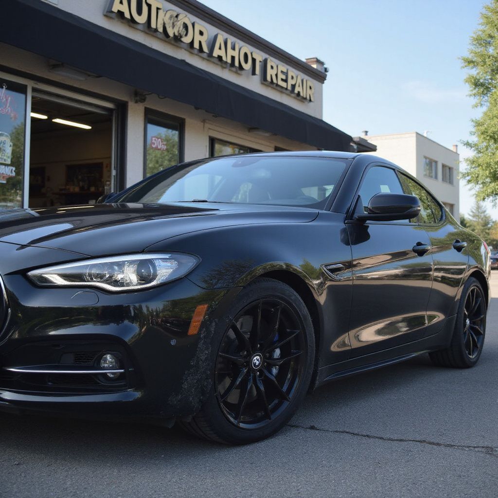 Black car parked in front of an auto repair shop with black wheels, under a bright, blue sky.