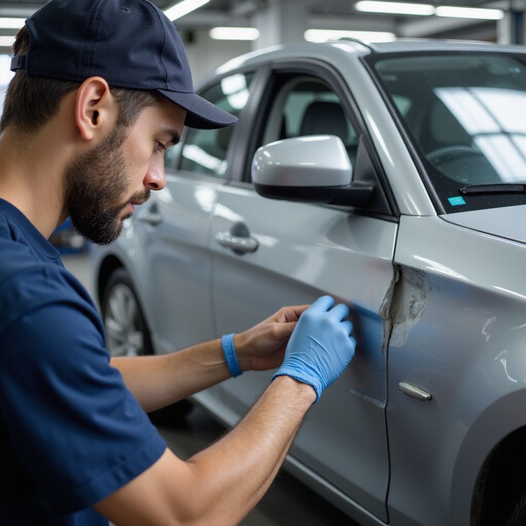 Mechanic in blue uniform and cap, applying adhesive to a dented car door in a garage.