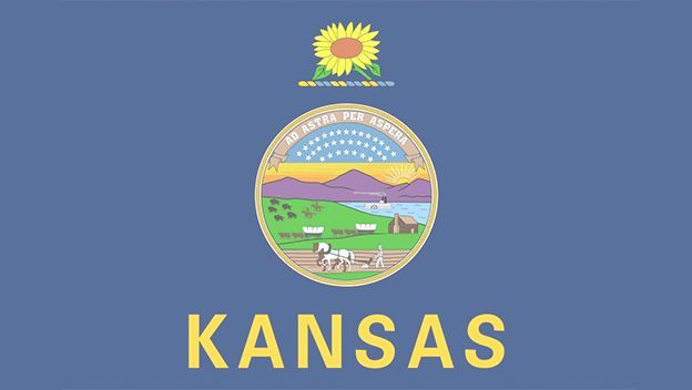 Kansas state flag: Blue field with state seal and sunflower on top. 