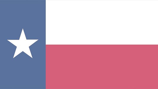 Texas state flag: blue vertical band with white star, white and red horizontal stripes.