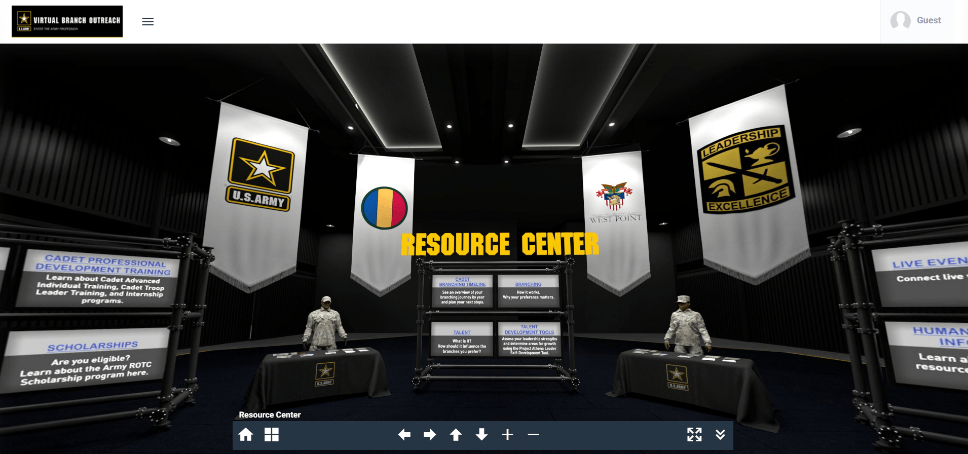 Figure 1: The “Resource Center” of the Army Virtual Branch Outreach serves as a home page where cadets can learn how to navigate the environment, find the live event schedule, and access all other rooms and booths.