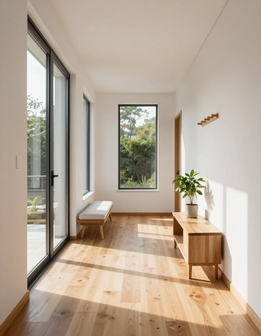 Sunlit minimalist hallway with wood floors, bench, potted plant, and large windows.