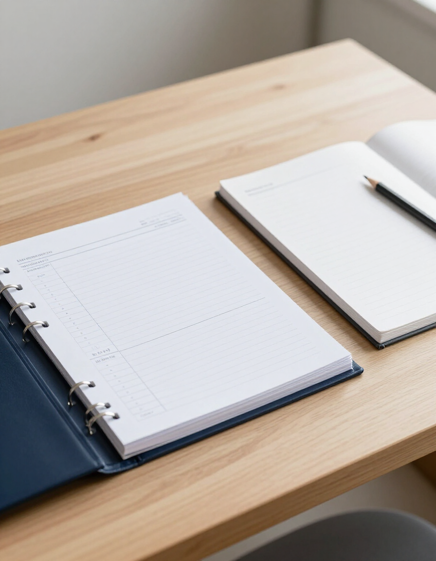 Notebook and pen on a light wood desk, with a blue folder and another open notebook nearby