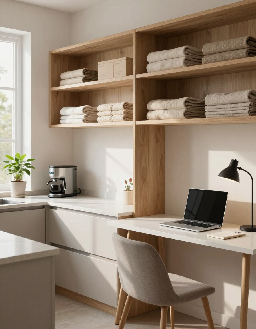 Modern home office with built-in wooden shelves, desk, laptop, chair, and folded towels in a bright room
