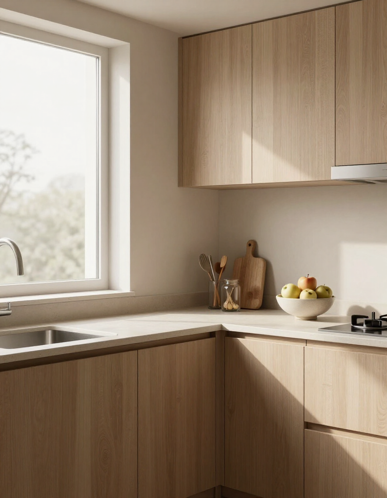 Bright, minimalist kitchen corner with wood cabinets, white countertops, a window, and a bowl of fruit.