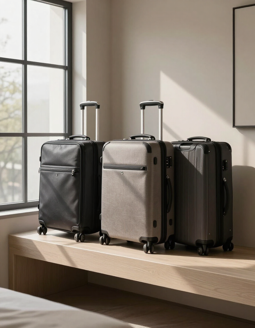 Three hard-shell suitcases on a wooden ledge by a sunlit window.