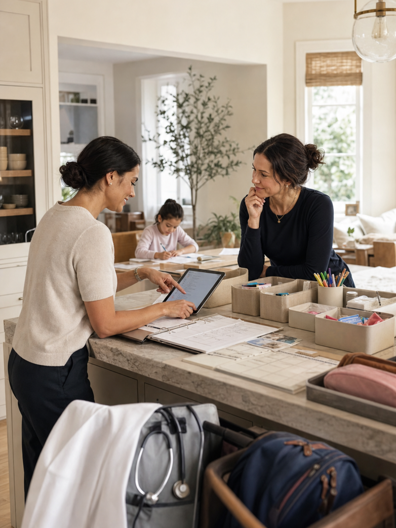 Two people discussing a tablet in a bright home office, with a child in the background.