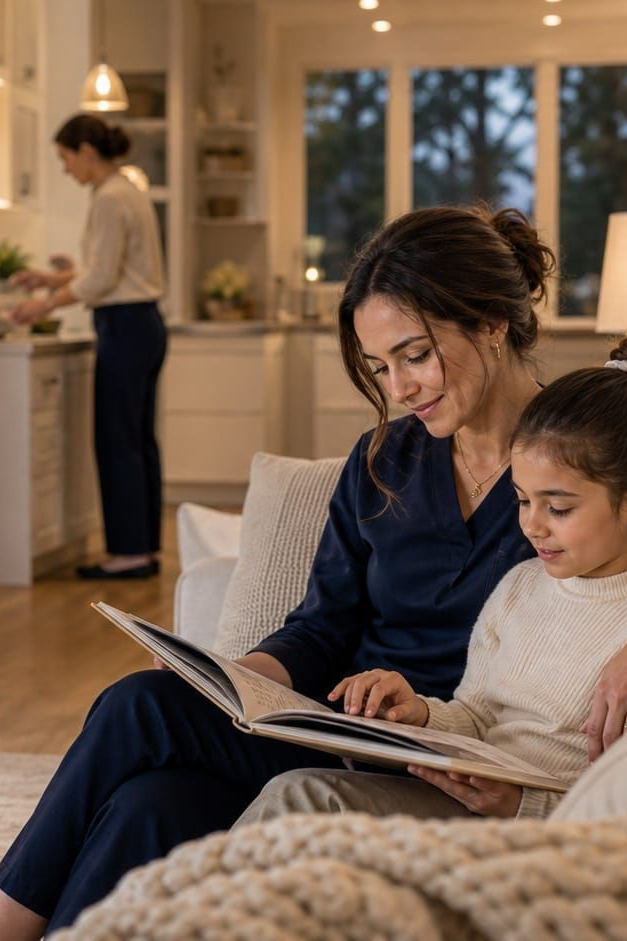 Woman and child reading together on a couch in a cozy home kitchen-living area