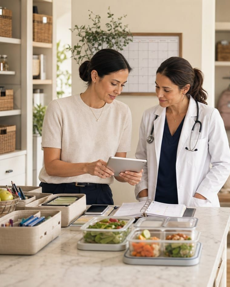 Two people reviewing a tablet in a bright kitchen with meal prep containers on the counter.