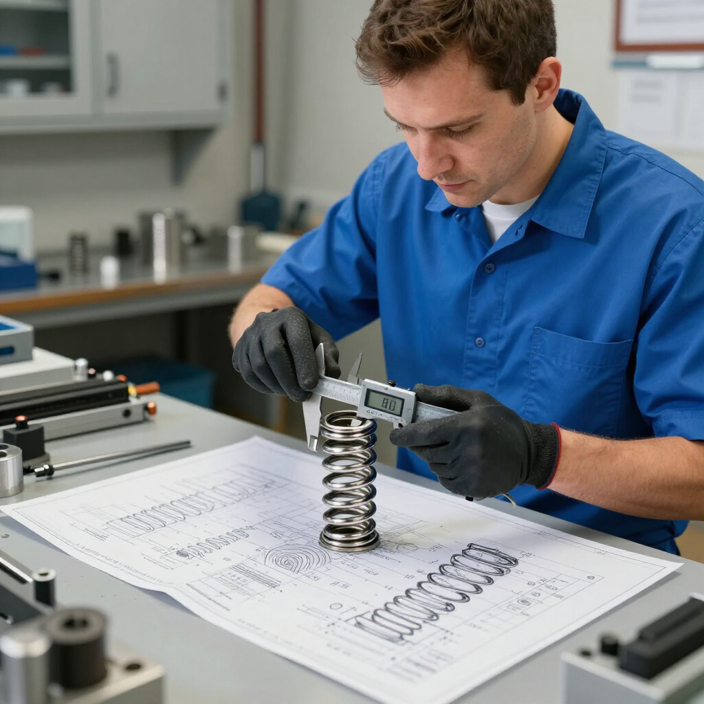 Técnico midiendo un resorte industrial con plano técnico