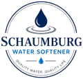 Schaumburg Water Softener Logo with Circular Badge Emblem, Water Droplet, Ripple Graphic, Quality Water Tagline, and Company Name in Schaumburg, IL