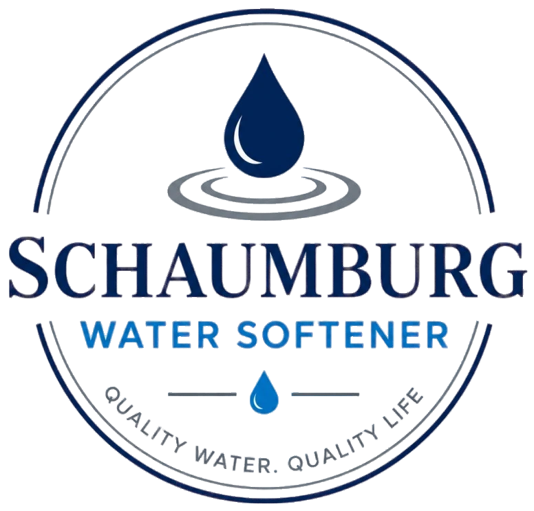 Schaumburg Water Softener Logo with Circular Badge Emblem, Water Droplet, Ripple Graphic, Quality Water Tagline, and Company Name in Schaumburg, IL