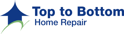 Logo for Top to Bottom Home Repair: blue house shape with arrow pointing up; green swoosh; blue text.