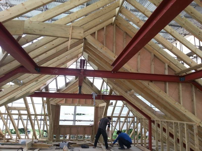 Inside of a roof extension showing structural beams