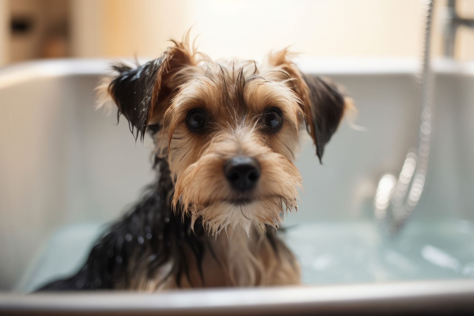 A small dog is taking a bath in a bathtub.
