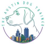 The logo for the austin dog trainer shows a dog looking at a city skyline.