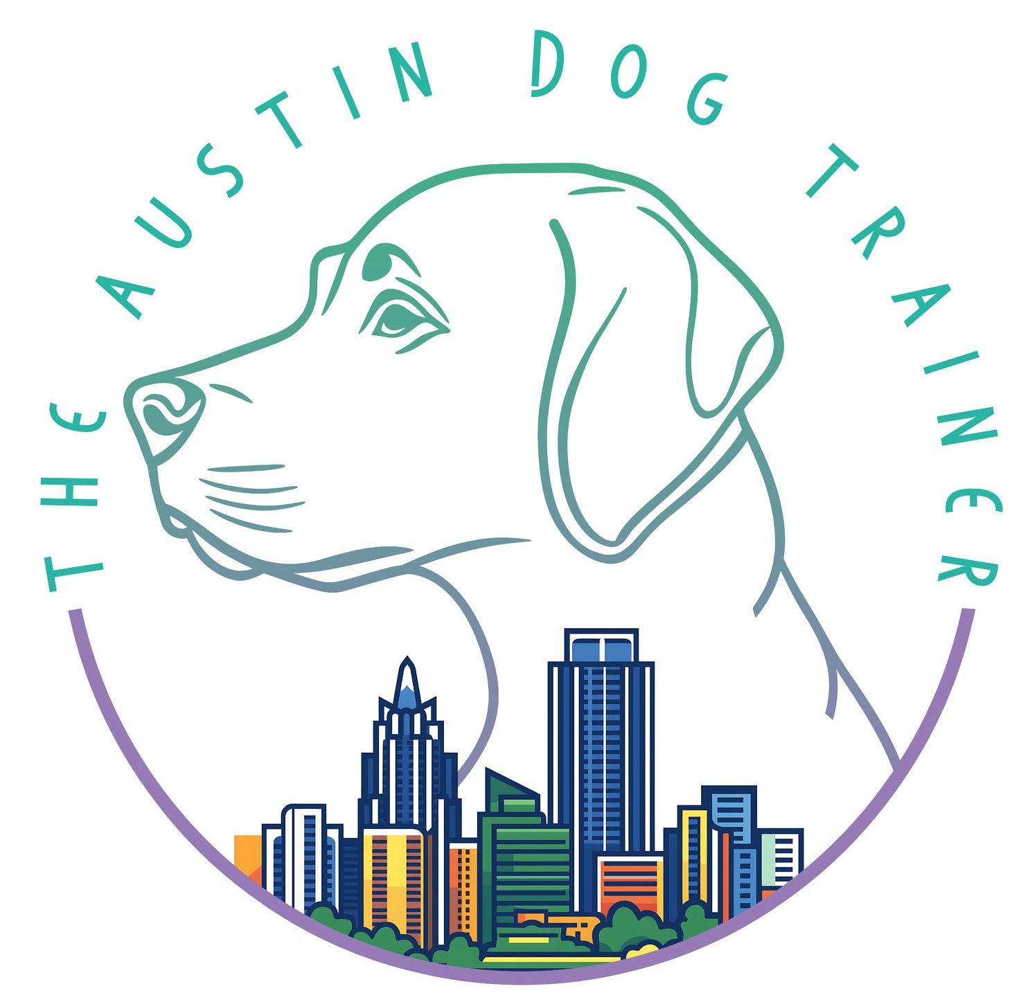The logo for the austin dog trainer shows a dog looking at a city skyline.
