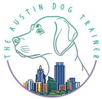 The logo for the austin dog trainer shows a dog looking at a city skyline.