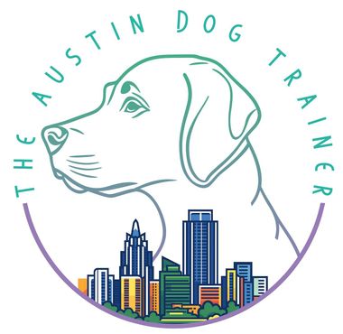 The logo for the austin dog trainer shows a dog looking at a city skyline.
