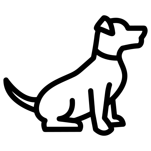 A black and white drawing of a dog sitting down.