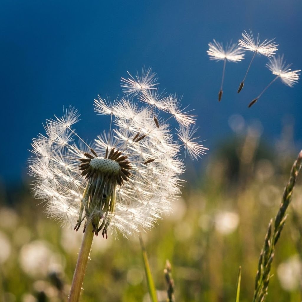 Pusteblume im Wind – Symbol für Leichtigkeit bei der Luftbestattung