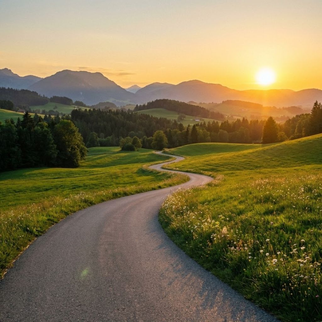 Landschaft bei Sonnenuntergang – Symbolbild für Naturverbundenheit und Abschied