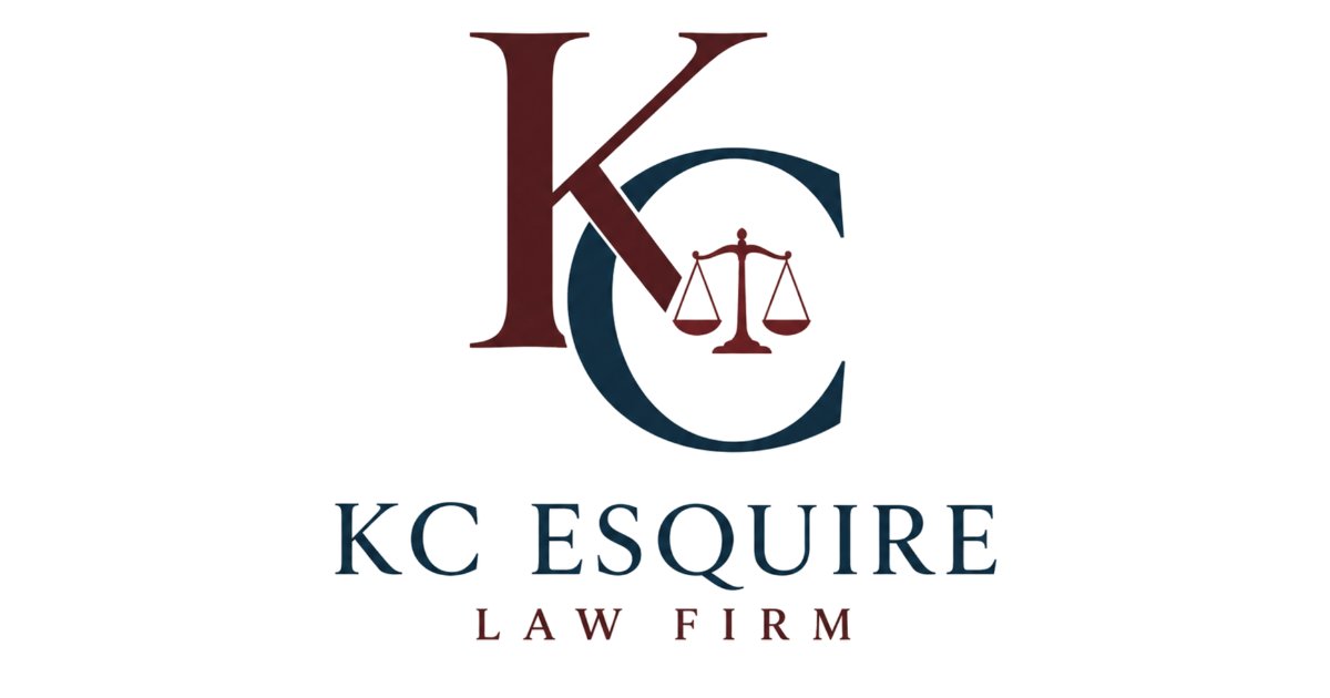 KC Esquire Law Firm logo with burgundy KC initials and scales of justice on white background