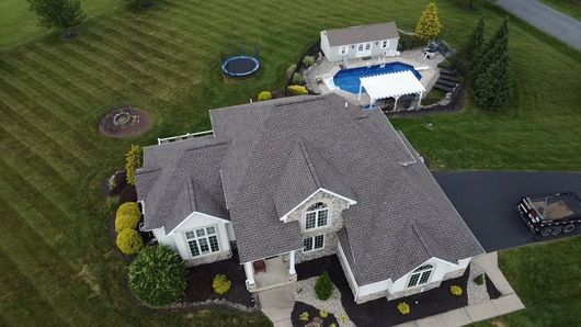 An aerial view of a new roof install from Ten Point Roofing