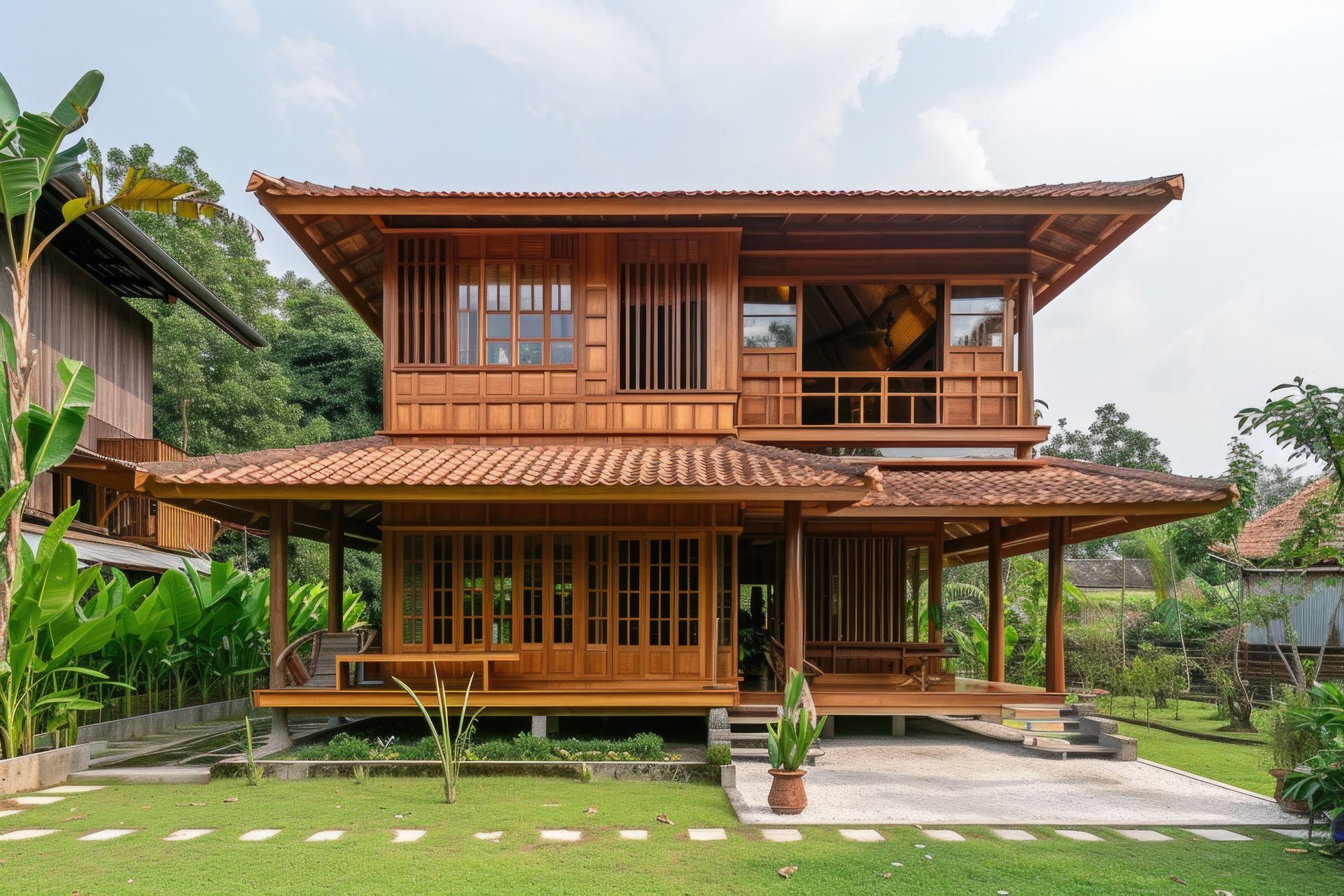 Wooden two-story house with tiled roof, surrounded by green grass and plants, with a concrete pathway leading to the porch.