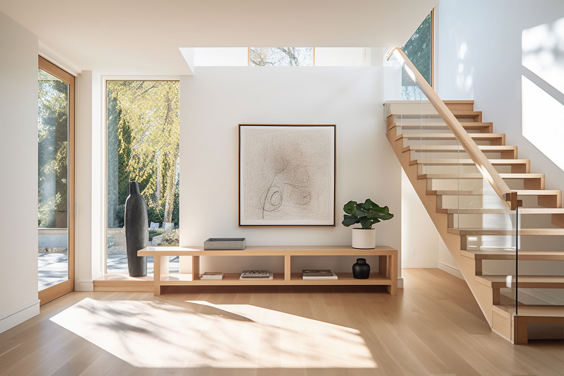 Modern foyer with light wood staircase and console table, large window, artwork, and potted plant.