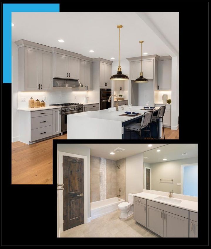 A kitchen and a bathroom are shown in a collage.