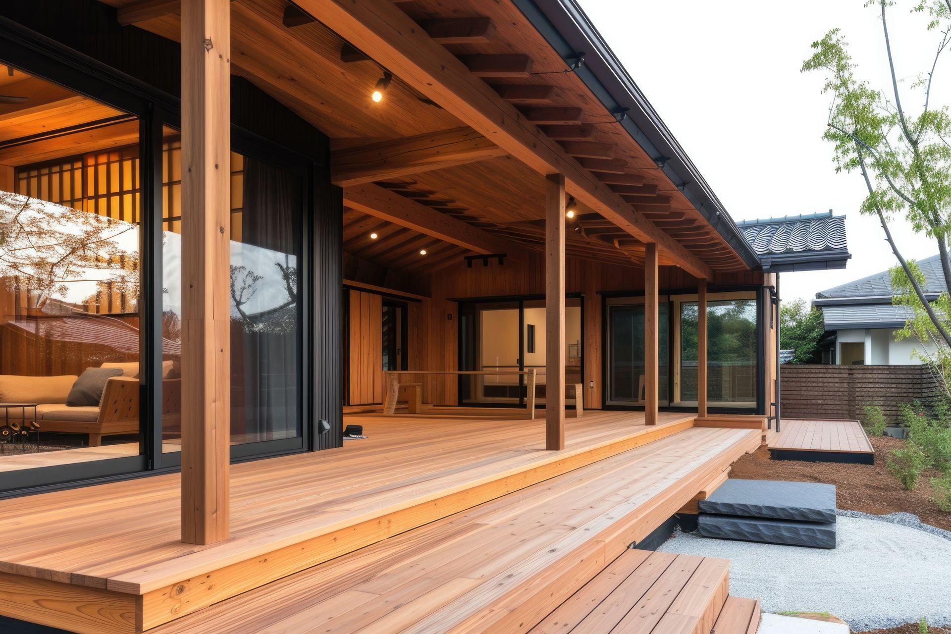 Wooden veranda and deck with a Japanese-style house, featuring sliding glass doors and a gravel yard.