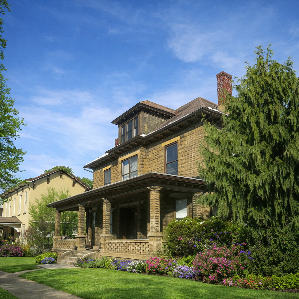A two-story stone building with a porch and a sign for a funeral home at 714.