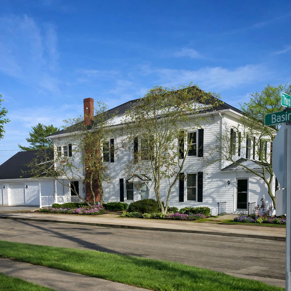 White two-story building with black shutters, a small sign, and a tree, located near a road.