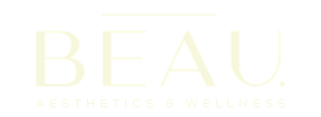 The logo for beau aesthetics and wellness is a yellow logo on a white background.