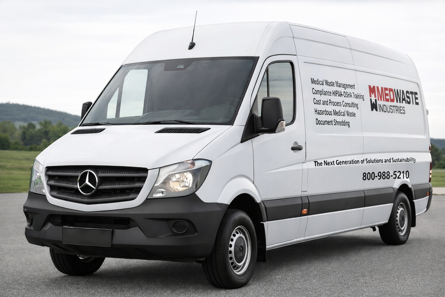 A white Mercedes-Benz Sprinter van parked on asphalt, labeled with MedWaste Industries branding and a phone number.