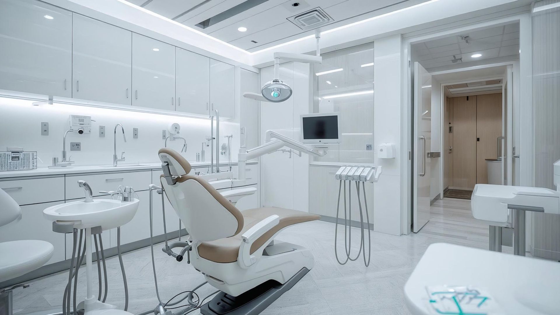 A clean, modern dental examination room with a white chair, specialized dental equipment, and bright, sterile lighting.