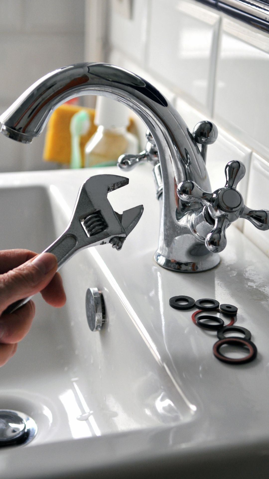 A person is fixing a bathroom sink with a wrench.