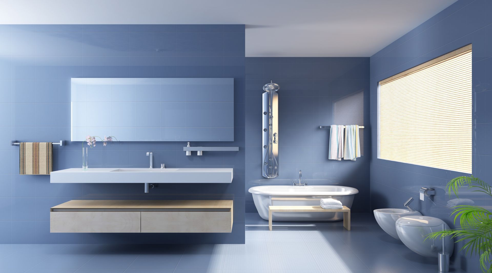 A bathroom with blue walls and a bathtub